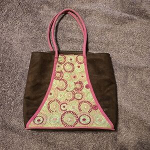 Lulu Guinness Vintage Embroidered Brown and Pink Tote Bag
